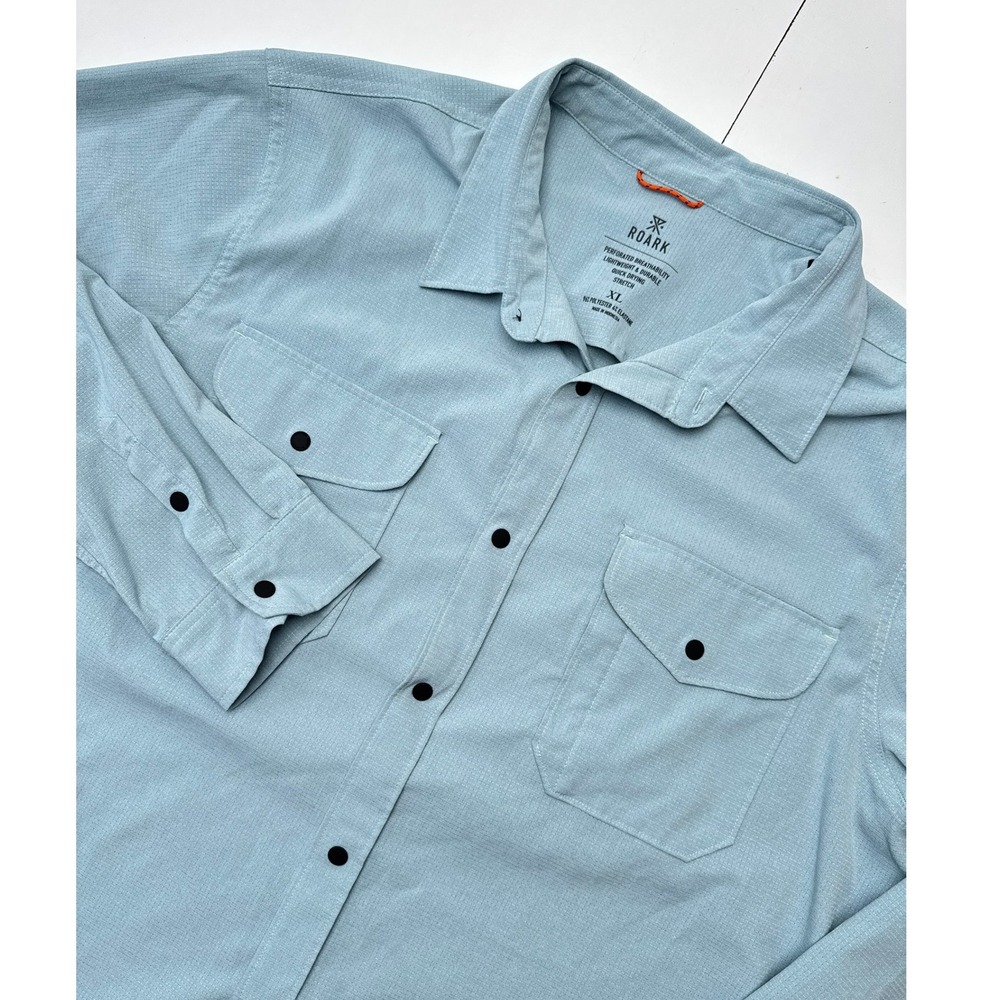 Roark Men XL Blue Perforated Breathable Stretch Quick Dry Button Down Shirt